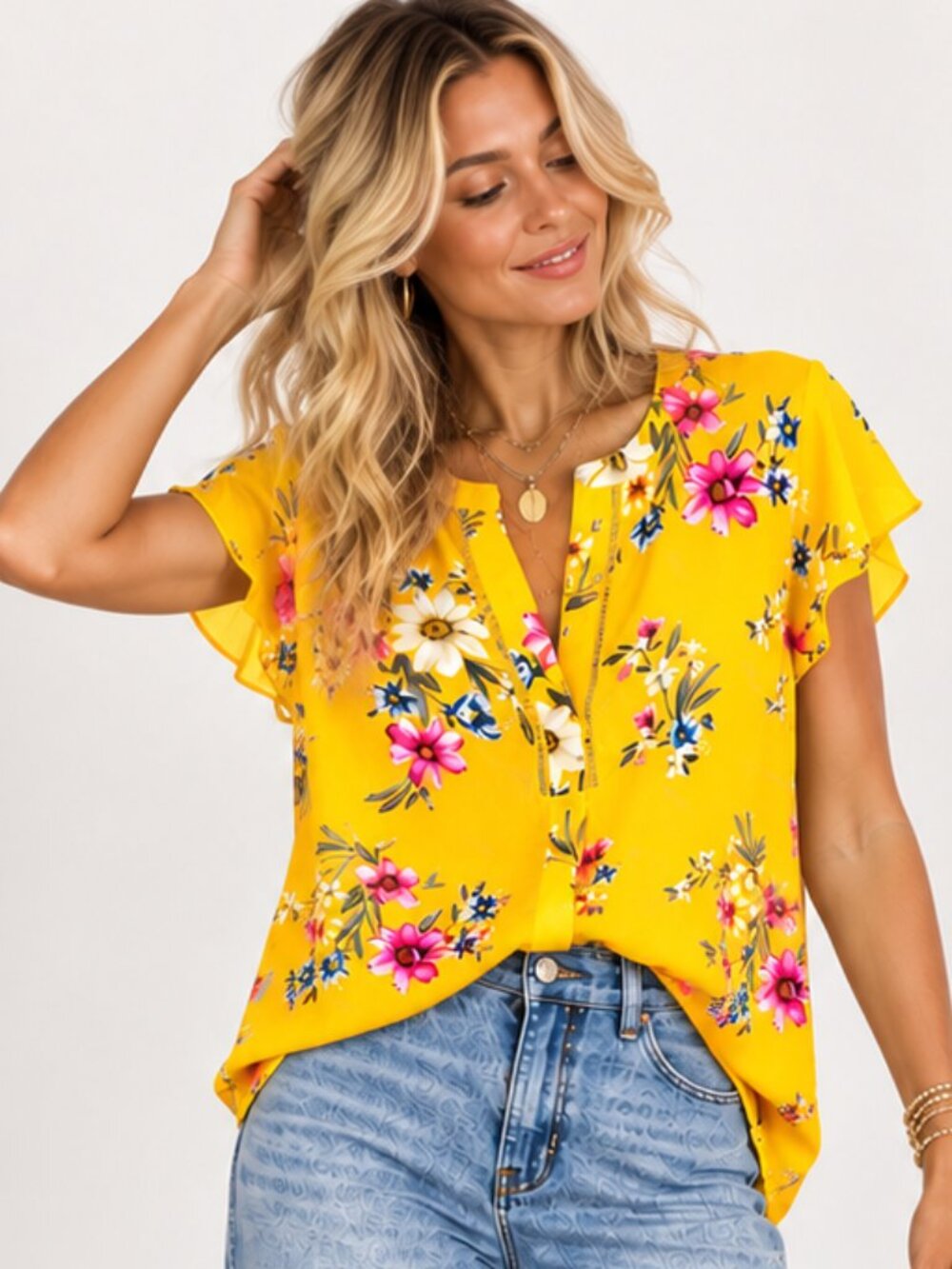DR2 Daniel Rain Yellow Floral Sheer Flutter Sleeve V-Neck Blouse Top Sz PXS EUC